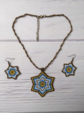 Beaded Star Pendant Necklace with Matching Earrings - Blue & Yellow